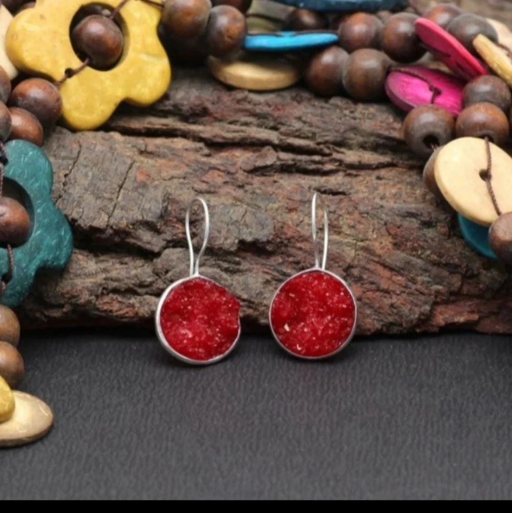 Red glass druzy stone wire drop earrings, silver tone - Picture 2 of 4